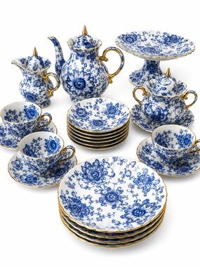 Blue and White Porcelain Tea and Dessert Set with Gold Trim